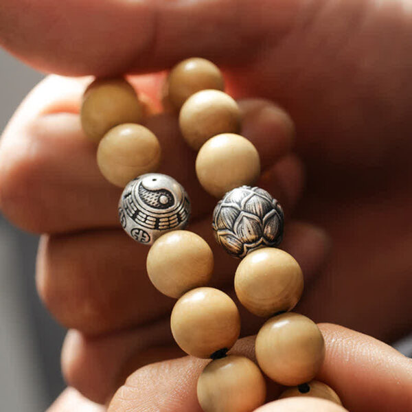 Buddha Stones Tibet Peach Wood Lotus Cinnabar Bagua Yin Yang Luck Wealth Bracelet - 图片 6