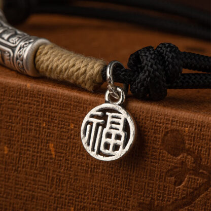 999 Sterling Silver Tibet Handmade Om Mani Padme Hum Fu Character TopRank Character Luck Braided Bracelet - 图片 6