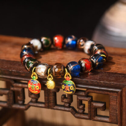 Five Elements Gold Swallowing Beast Family Charm Liuli Glass Bead Luck Bracelet - 图片 4