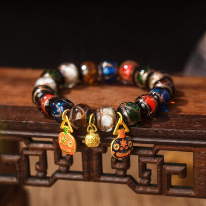 Five Elements Gold Swallowing Beast Family Charm Liuli Glass Bead Luck Bracelet - 图片 7