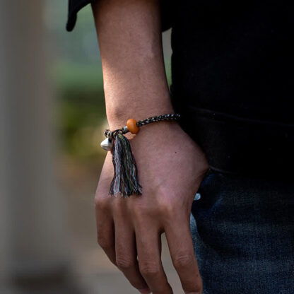 990 Sterling Silver Tibetan Handmade Amber Steelyard Weight Wish Protection Bracelet - 图片 3