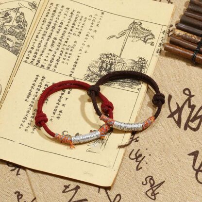 Handmade 999 Sterling Silver Om Mani Padme Hum Protection Rope Bracelet - 图片 7
