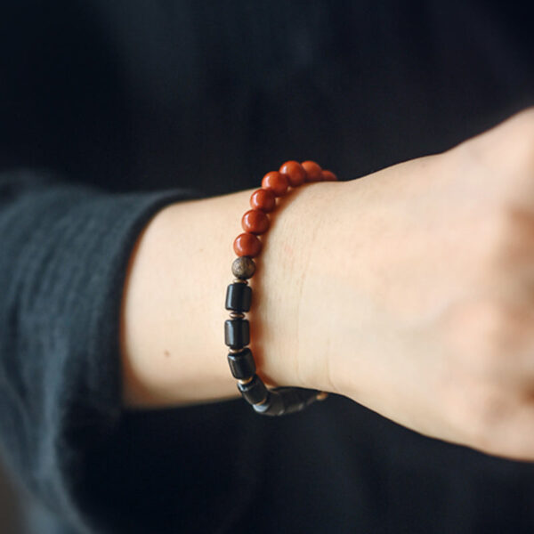 Buddha Stones Ebony Wood Red Jasper Moss Agate Crystal Copper Peace Couple Bracelet - 图片 4