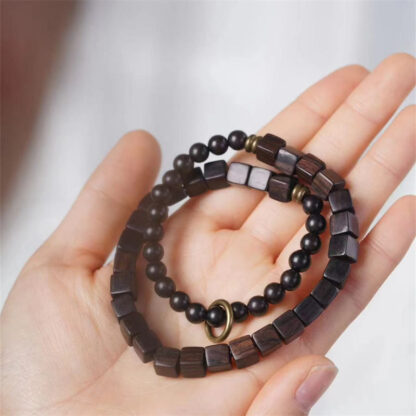 Tibet Ebony Wood Square Beads Peace Double Wrap Bracelet - 图片 5