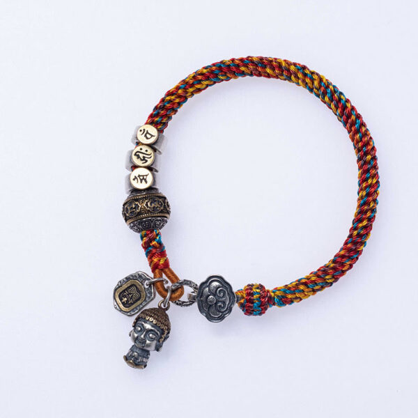 Handmade Tibetan 925 Sterling Silver Chinese Zodiac Natal Buddha Zakiram Goddess of Wealth Protection Multicolored Rope Braided Bracelet - 图片 25
