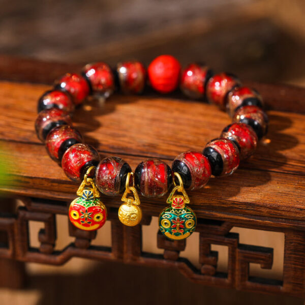 Buddha Stones Gold Swallowing Beast Family Colorful Cinnabar Bead Bracelet - 图片 3