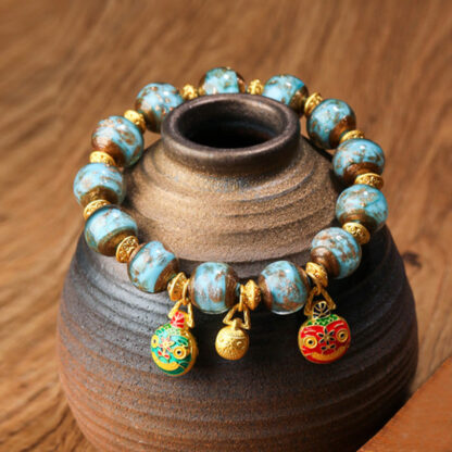 Gold Swallowing Beast Family Charm Liuli Glass Bead Fortune Bracelet - 图片 6