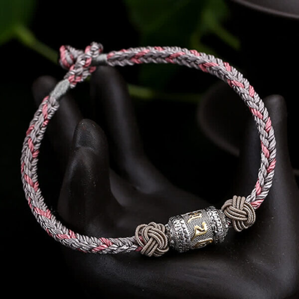Buddha Stones 925 Sterling Silver Om Mani Padme Hum Prayer Wheel Luck Strength Red String Bracelet - 图片 14
