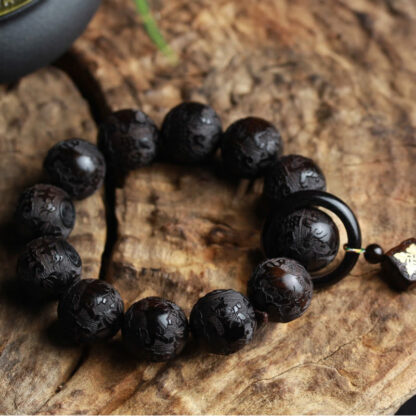 Buddha Stones Ebony Wood Chinese Character Yin Yang Engraved Gourd Balance Bracelet - 图片 4