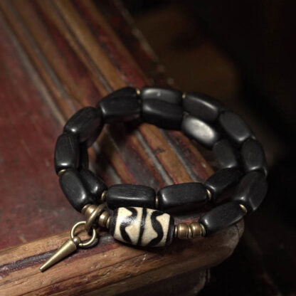 Tibet Ebony Wood Dzi Bead Copper Balance Double Wrap Bracelet - 图片 10