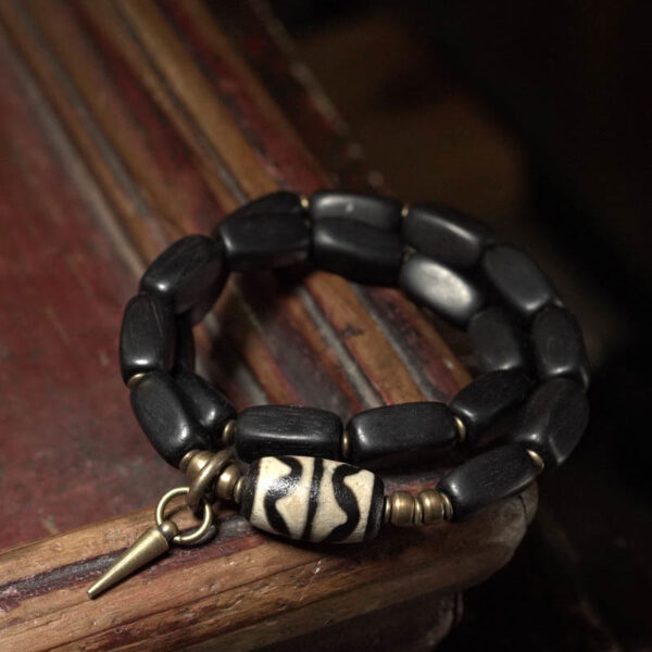 Tibet Ebony Wood Dzi Bead Copper Balance Double Wrap Bracelet - 图片 10
