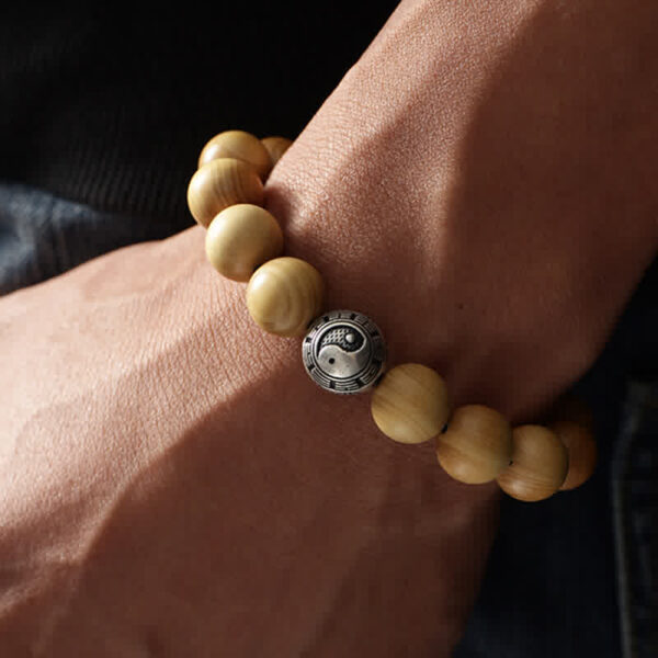 Buddha Stones Tibet Peach Wood Lotus Cinnabar Bagua Yin Yang Luck Wealth Bracelet - 图片 3