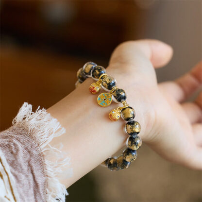 Gold Swallowing Beast Copper Coin Good Luck Charm Liuli Glass Bead Fortune Bracelet - 图片 9