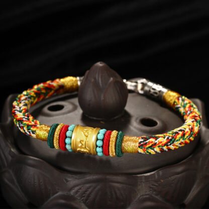 Buddha Stones Tibet 999 Gold Om Mani Padme Hum Handmade Eight Thread Peace Knot Luck Bracelet - 图片 11