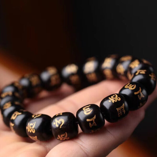 Buddha Stones Tibetan Ebony Wood Om Mani Padme Hum Engraved Peace Bracelet - 图片 3