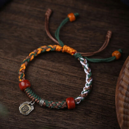 Handmade Tibetan Silver 925 Sterling Silver Zakiram Goddess of Wealth Camel Bone Protection Braided Bracelet - 图片 2