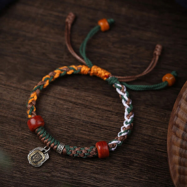 Handmade Tibetan Silver 925 Sterling Silver Zakiram Goddess of Wealth Camel Bone Protection Braided Bracelet - 图片 2