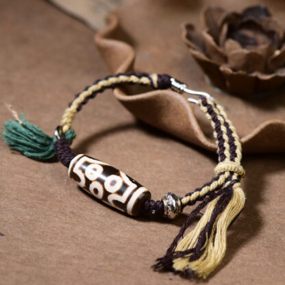 Handcrafted Tibetan Nine-Eye Dzi Bead Blessings Rope Bracelet - 图片 4