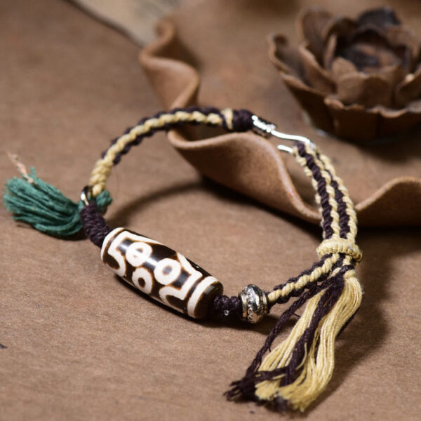 Handcrafted Tibetan Nine-Eye Dzi Bead Blessings Rope Bracelet - 图片 4