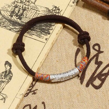 Handmade 999 Sterling Silver Om Mani Padme Hum Protection Rope Bracelet - 图片 5