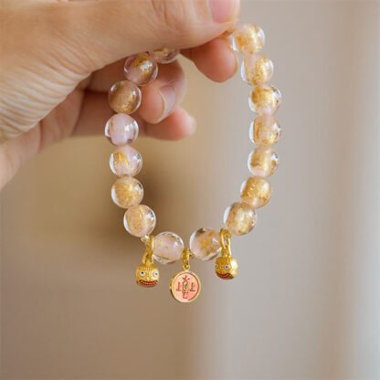 Gold Swallowing Beast Copper Coin Good Luck Charm Liuli Glass Bead Fortune Bracelet - 图片 5