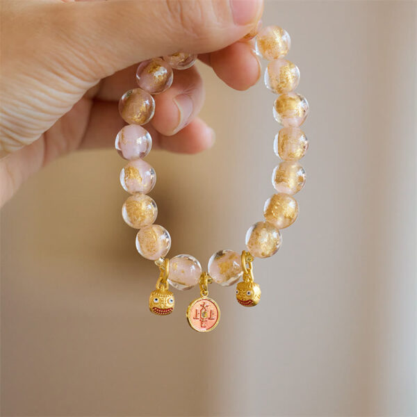 Gold Swallowing Beast Copper Coin Good Luck Charm Liuli Glass Bead Fortune Bracelet - 图片 5