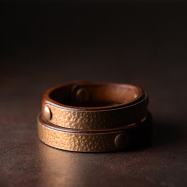 Vintage Handmade Texture Copper Brass Leather Wealth Bracelet Bangle - 图片 7