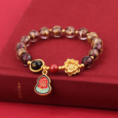 Tibet Om Mani Padme Hum Fu Character Gourd Charm Lotus Liuli Glass Bead Luck Bracelet - 图片 13