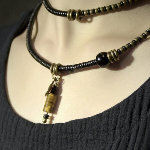 Buddha Stones Ebony Wood Dzi Bead Copper Peace Couple Bracelet Necklace Pendant - 图片 6