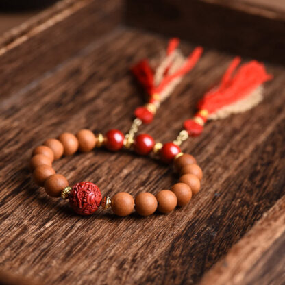 Tibetan Natural Peach Wood Cinnabar PiXiu Wealth Tassels Bracelet - 图片 3