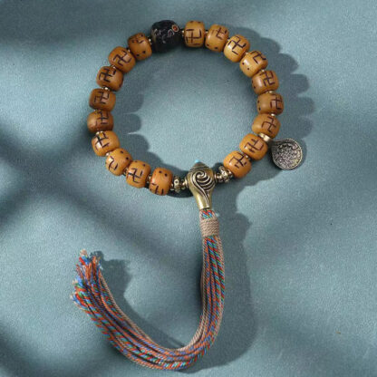 Natural Tibetan Camel Bone Swastika Dzi Bead Shankha Buddha Charm Kirtimukha Luck Protection Tassel Bracelet - 图片 4