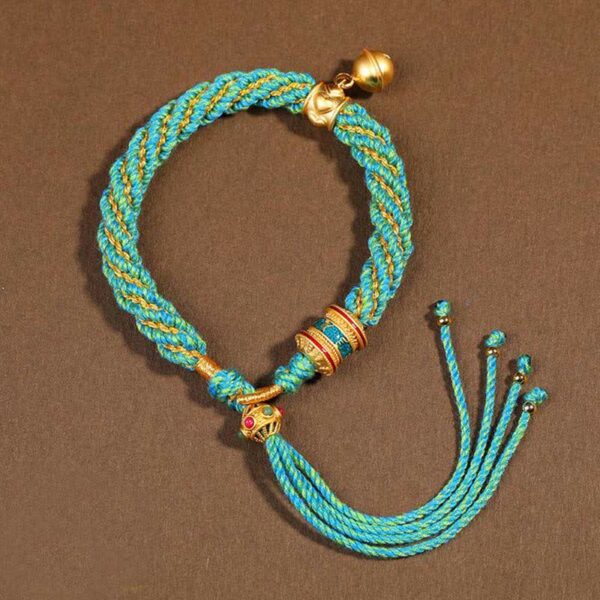 Buddha Stones Tibetan Handmade Luck Protection Thangka Prayer Wheel Bell Charm Braid String Bracelet - 图片 12