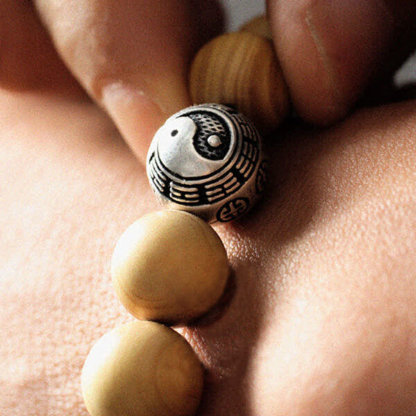 Buddha Stones Tibet Peach Wood Lotus Cinnabar Bagua Yin Yang Luck Wealth Bracelet - 图片 4
