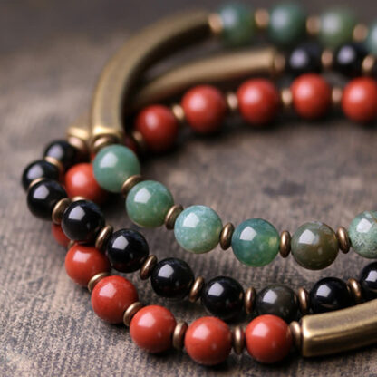 Buddha Stones Red Jasper Moss Agate Black Obsidian Crystal Copper Peace Couple Bracelet - 图片 14