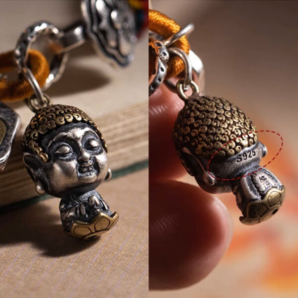 Handmade Tibetan 925 Sterling Silver Chinese Zodiac Natal Buddha Zakiram Goddess of Wealth Protection Multicolored Rope Braided Bracelet - 图片 6