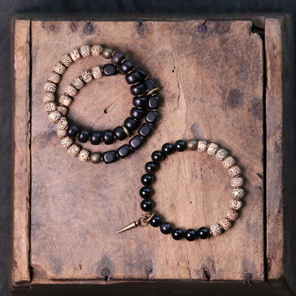 Buddha Stones Tibetan Bodhi Seed Black Obsidian Ebony Wood Copper Peace Bracelet - 图片 3