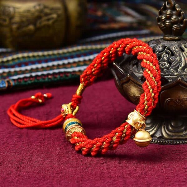 Buddha Stones Tibetan Handmade Luck Protection Thangka Prayer Wheel Bell Charm Braid String Bracelet - 图片 4