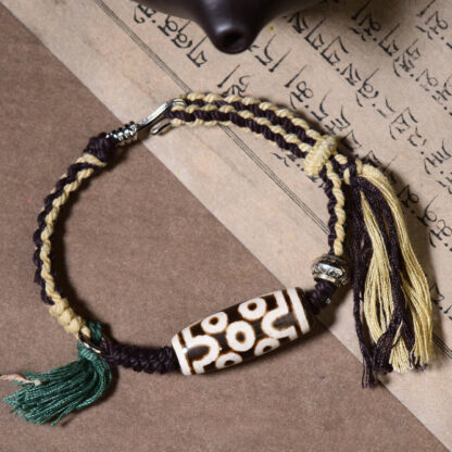 Handcrafted Tibetan Nine-Eye Dzi Bead Blessings Rope Bracelet - 图片 3