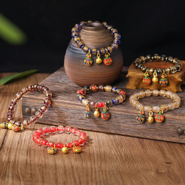 Gold Swallowing Beast Family Charm Gold Silver Foil Liuli Glass Bead Blessings Bracelet - 图片 2