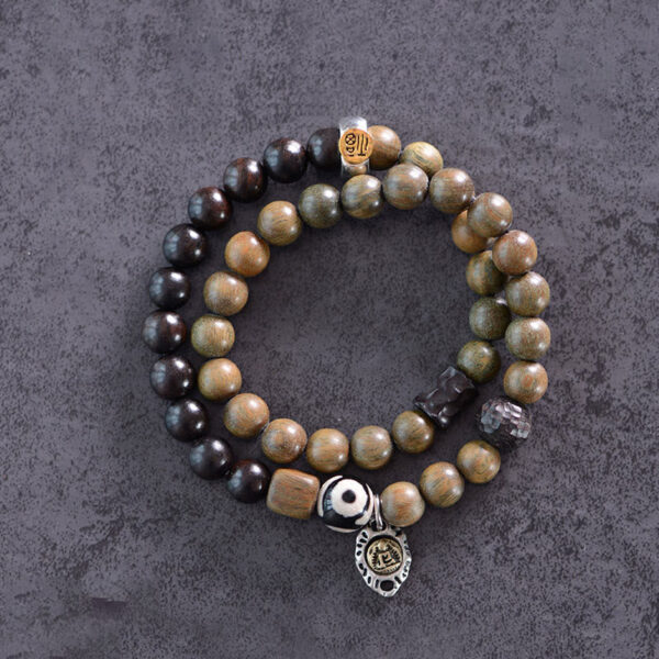 Tibetan Green Sandalwood Ebony Wood Three-eyed Dzi Bead Fu Character Balance Peace Double Wrap Bracelet - 图片 2