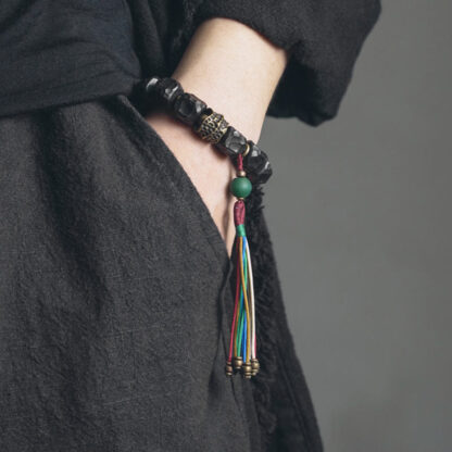 Tibet Ebony Wood Copper Peace Tassel Wrist Mala Bracelet - 图片 2