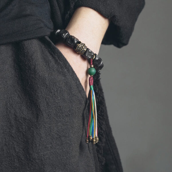Tibet Ebony Wood Copper Peace Tassel Wrist Mala Bracelet - 图片 2