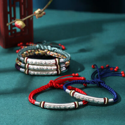 Buddha Stones 999 Sterling Silver Om Mani Padme Hum Protection Strength String Bracelet - 图片 3
