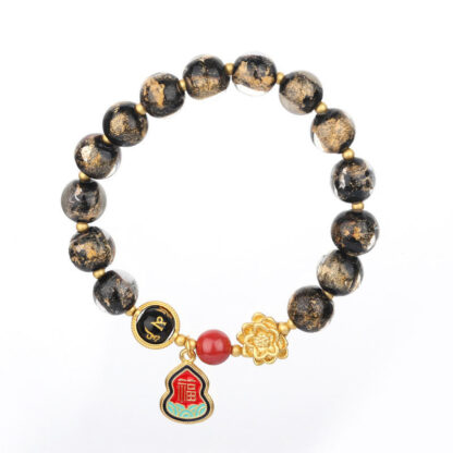 Tibet Om Mani Padme Hum Fu Character Gourd Charm Lotus Liuli Glass Bead Luck Bracelet - 图片 5