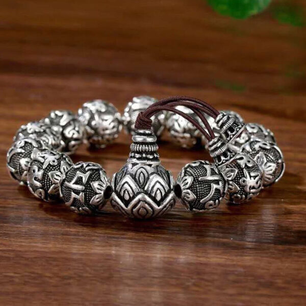 Tibetan Om Mani Padme Hum Carved Alloy Beads Amulet Bracelet - 图片 3