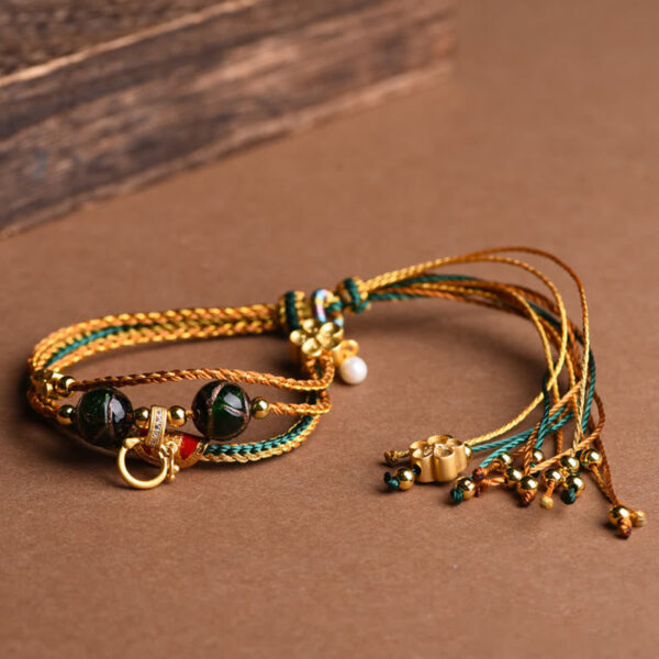 Tibetan Handmade Rope Liuli Glass Bead Braided Multilayered Healing Bracelet - 图片 4