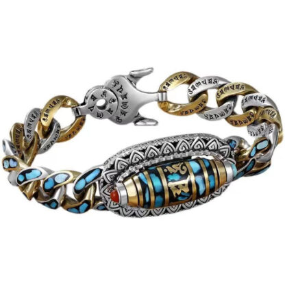 Buddha Stones Tibetan Nine-Eye Dzi Bead Om Mani Padme Hum Turquoise Protection Rotatable Bracelet - 图片 4