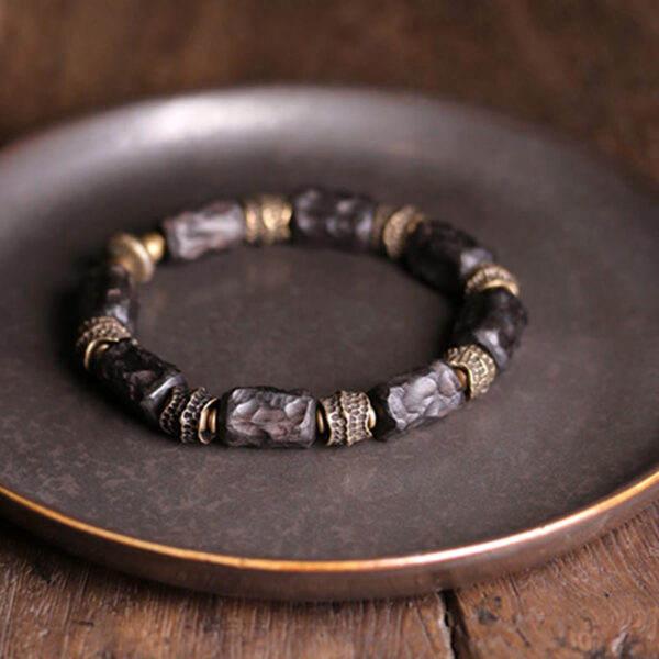 Buddha Stones Tibetan Ebony Wood Copper Calm Peace Bracelet - 图片 3