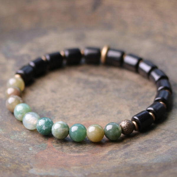 Buddha Stones Ebony Wood Red Jasper Moss Agate Crystal Copper Peace Couple Bracelet - 图片 7