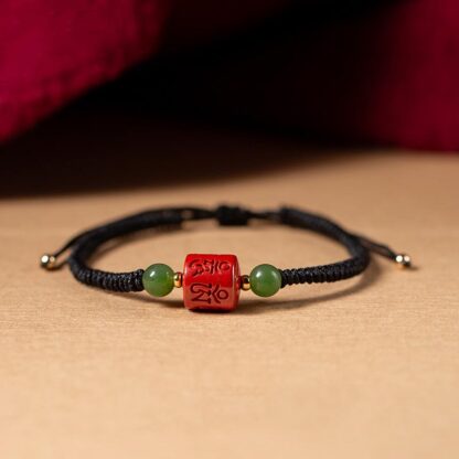 Tibetan Cinnabar Om Mani Padme Hum Engraved Blessing Braided Rope Bracelet - 图片 13